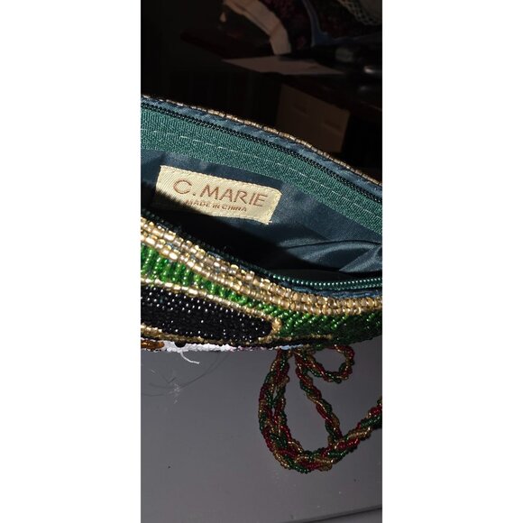 Purse Beaded Snowman Shoulder Bag Christmas Winter Green Red C. Marie 6x7" - Picture 6 of 11